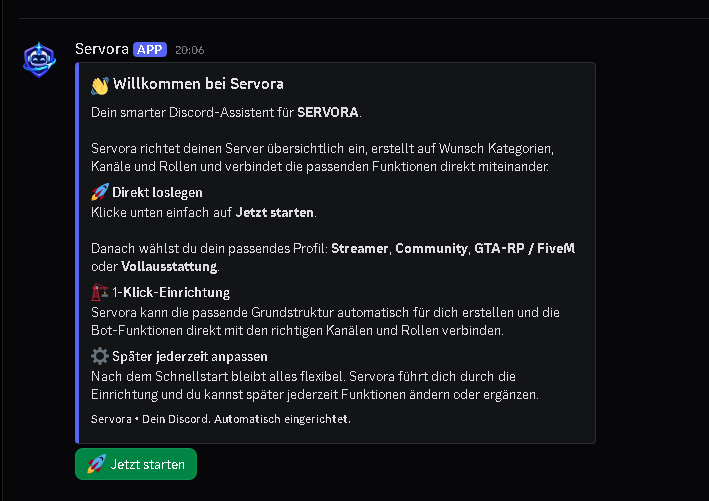 Servora Startnachricht in einem neuen Discord-Server