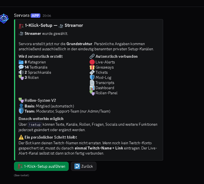 Übersicht des Servora 1-Klick-Setups für Streamer