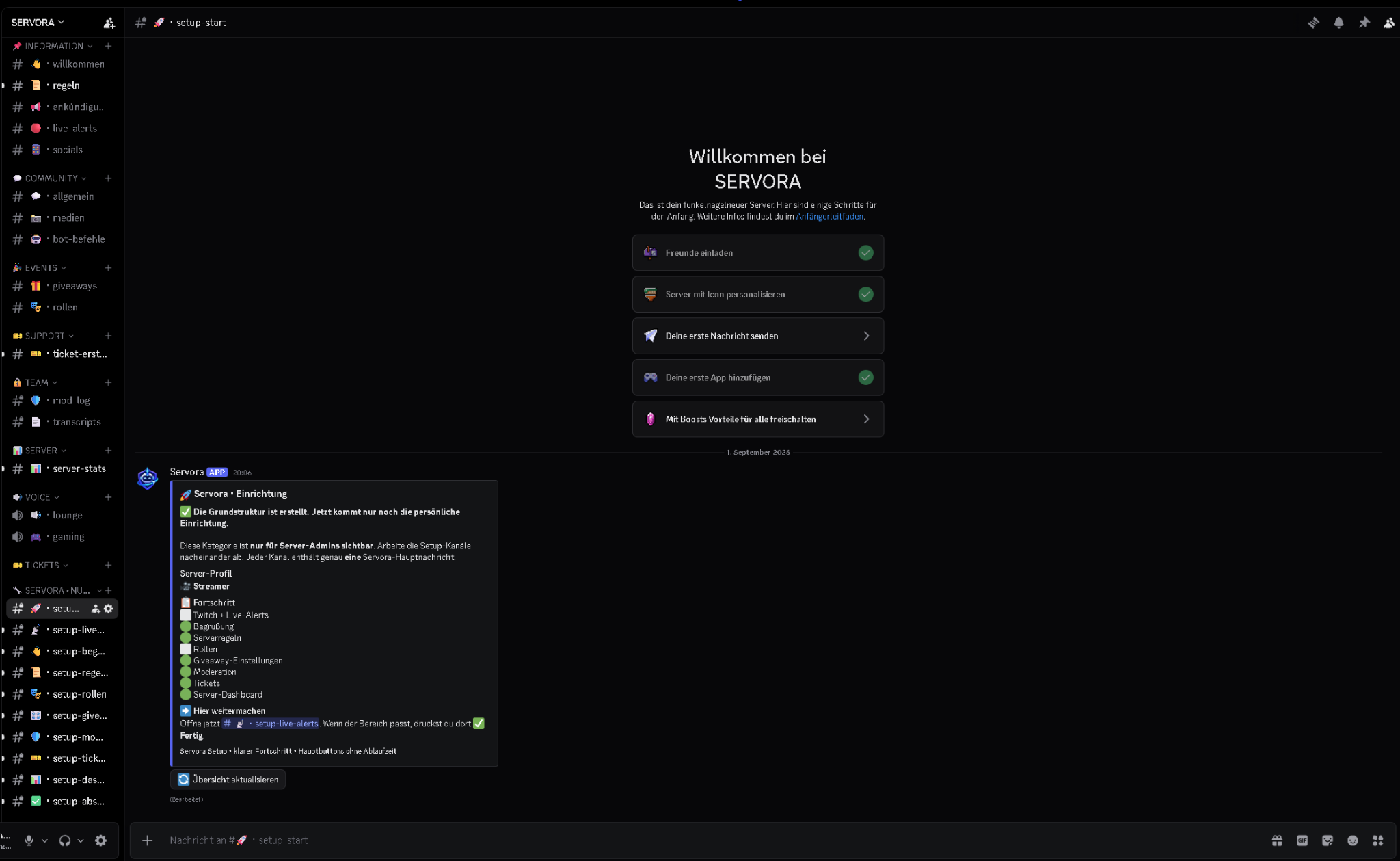 Discord-Server mit permanenten Kanälen und privatem Servora Setup-Bereich