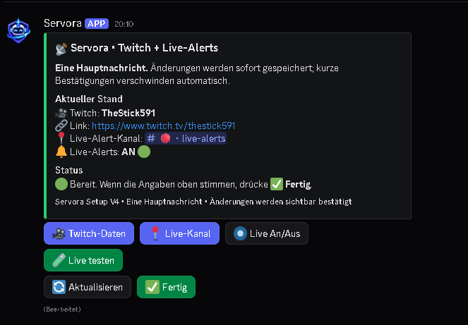 Eingerichtete Twitch Live-Alerts in Servora