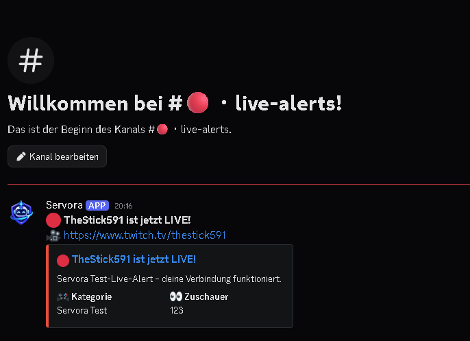 Test einer Servora Twitch Live-Meldung