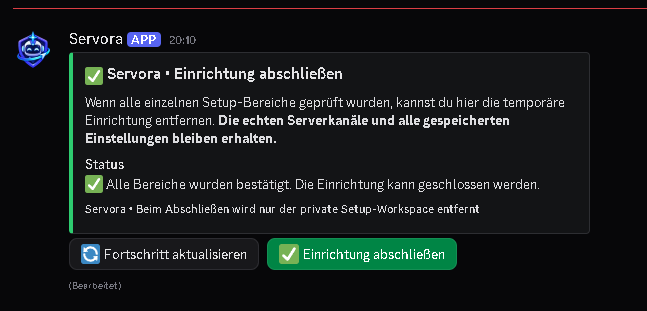 Bestätigter Abschluss der Servora Einrichtung