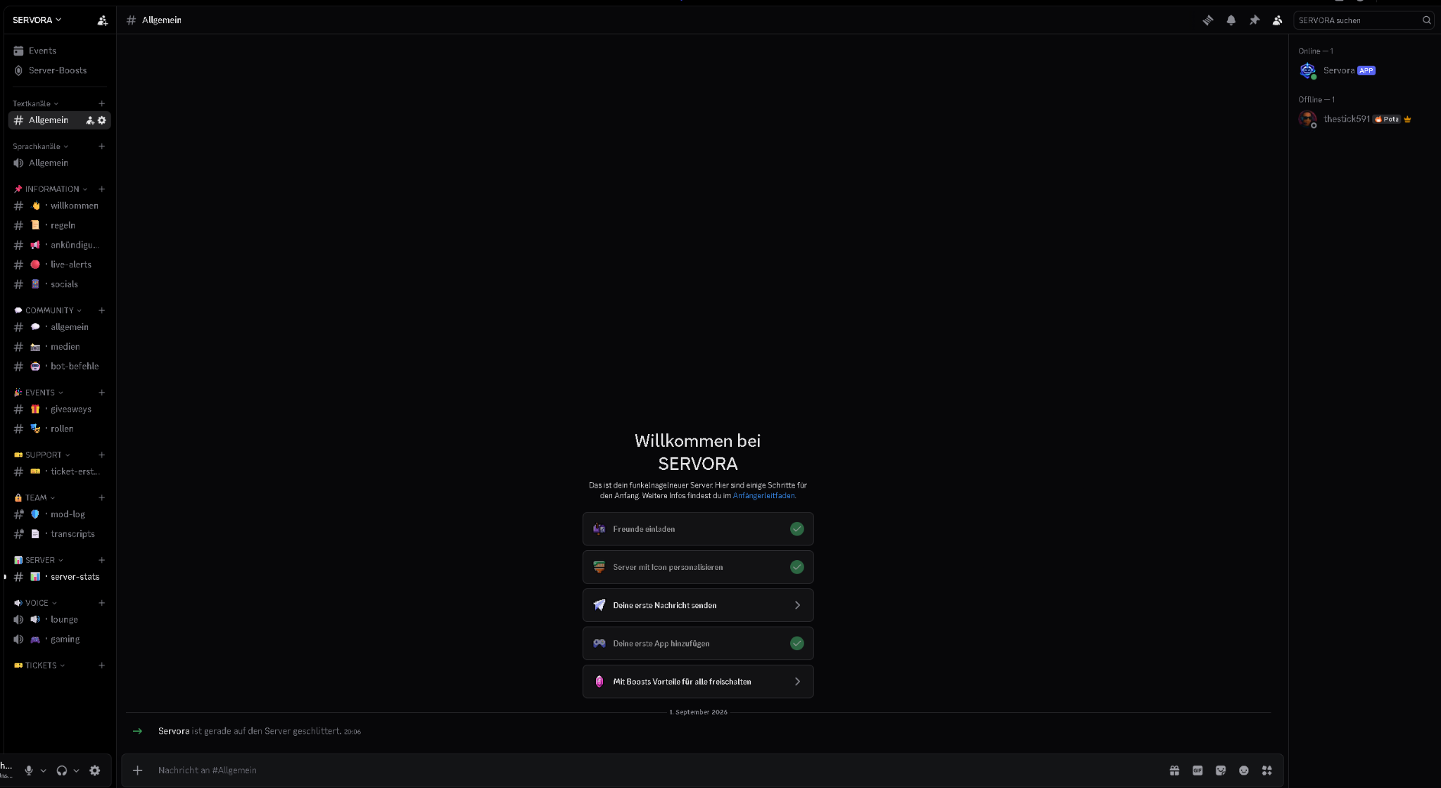 Fertiger Discord-Server nach Abschluss der Servora Einrichtung